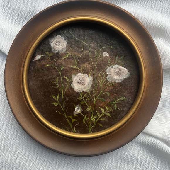 “Roses” Round Floral Wall Art with Brown Frame